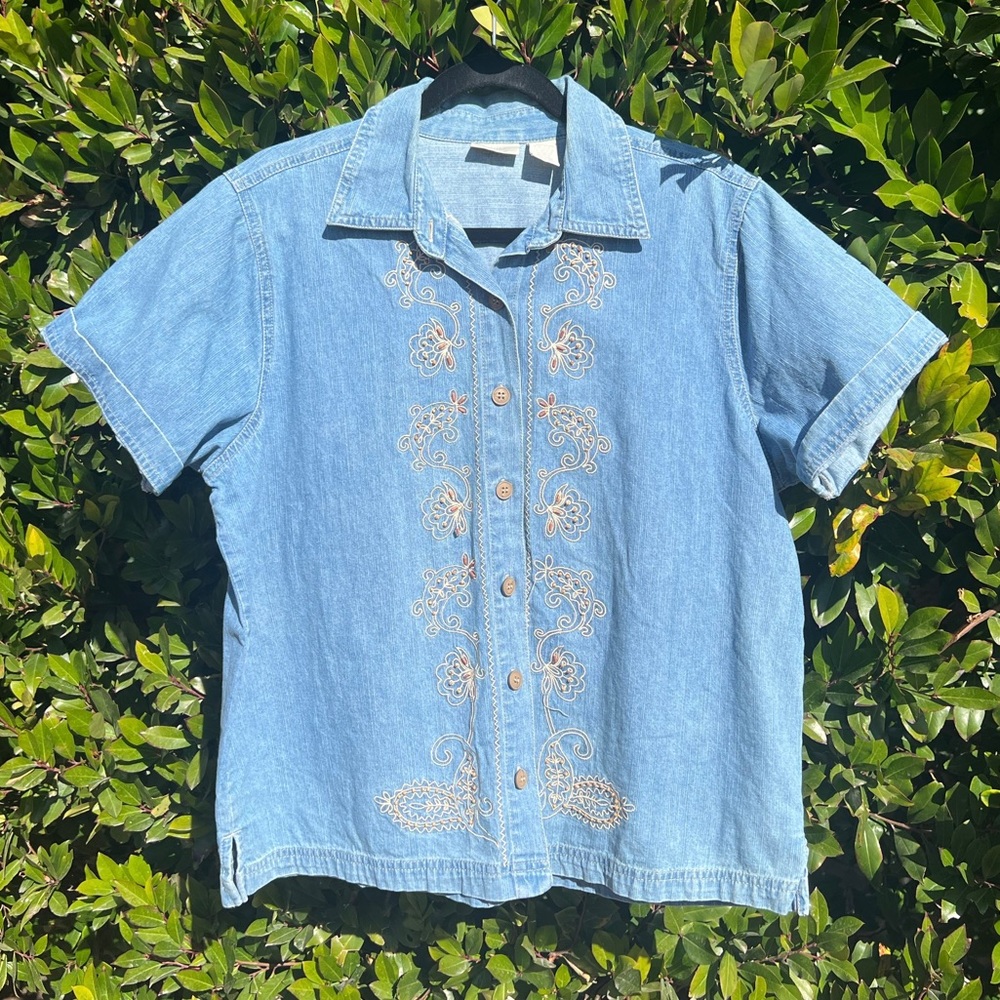 Short sleeve Blue Button Down with Beaded Embroidery